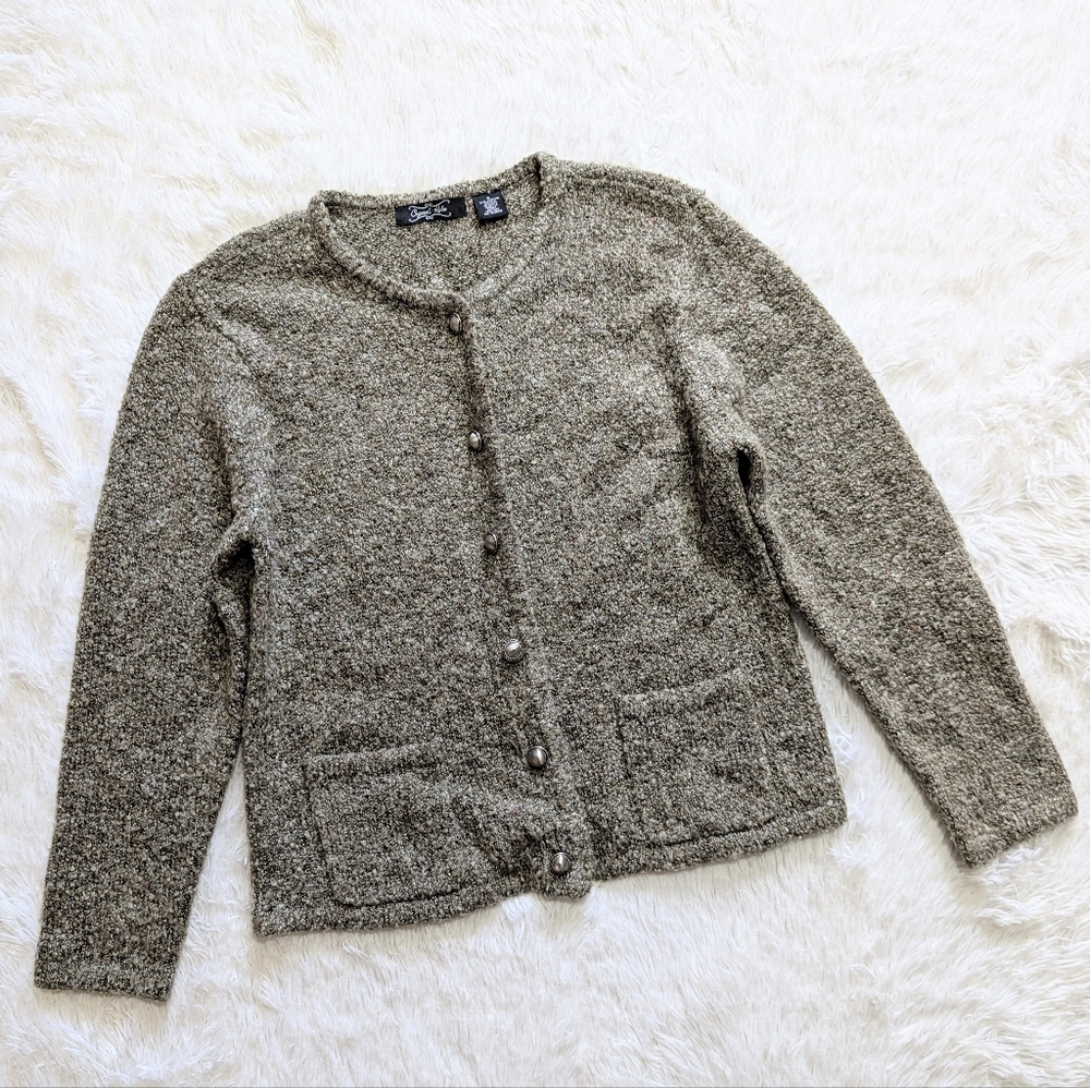 Y2K Vintage Crystal-Kobe Fuzzy Olive Green Knit Button Down Cardigan Size Small
